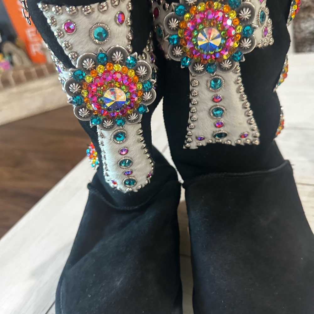 UGG Black Winter Boots with Multicolor Jewel Cross Accents